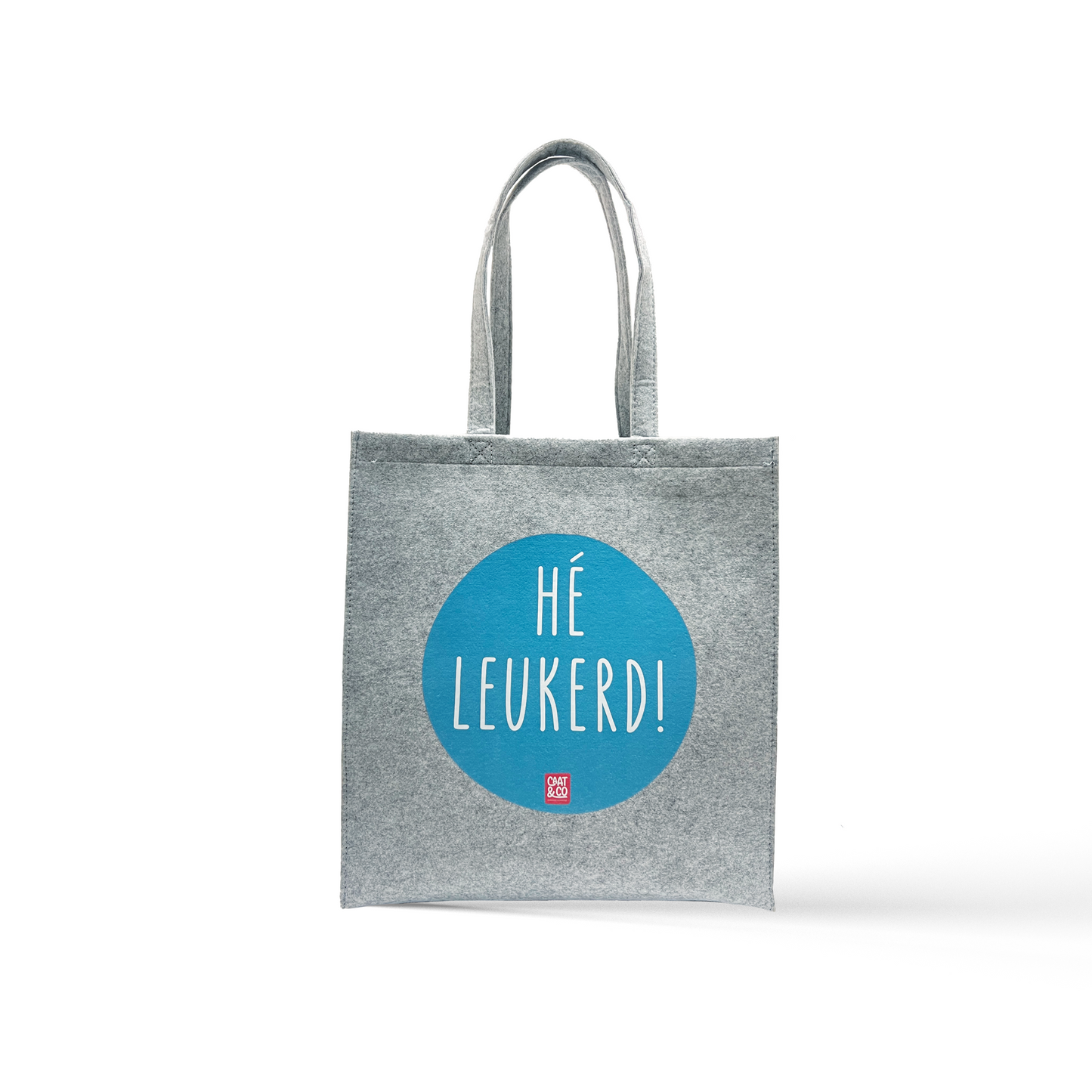 Vilten tas met hengsel en opdruk Hé Leukerd!